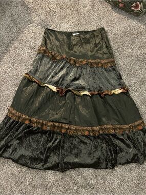 Dark Green Tiered Velvet and Satin Maxi Skirt